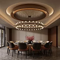 Luxurious Private Dining Room With Round Table Red Flowers Chandelier And Wooden Walls 3d model