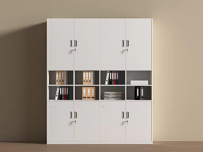 White Office File Cabinet with Multiple Doors Drawers and Open Compartments Storing Folders and Documents 3d model