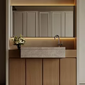 Elegant Modern Washbasin With Marble Countertop Wooden Cabinets And Backlit Mirror