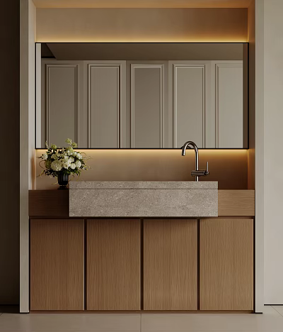Elegant Modern Washbasin With Marble Countertop Wooden Cabinets And Backlit Mirror 3d model