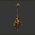Decorative String Instrument With Red Gold Body Green Glowing Patterns And Ornate Resonator