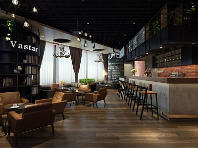 Modern Open Café With Brown Sofas Wooden Floors Bar Counter Green Plants And Pendant Lights 3d model