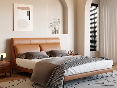 Modern Bedroom Interior Design With Brown Leather Headboard Gray Pillows Nightstand Table Lamp And Arched Details 3d model