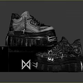 Stylish Black Platform Shoes With Shiny Material Thick Sole And Laces On Black Box