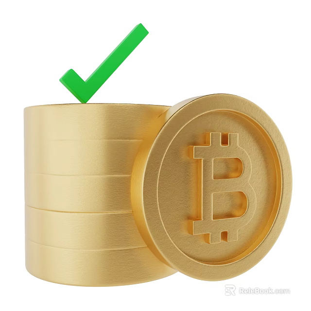 Decorative Ornament Set Featuring Stacked Gold Coins Bitcoin Symbol and Green Checkmark 3d model 