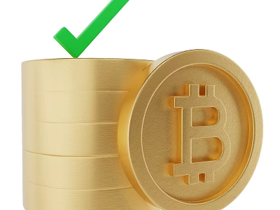 Decorative Ornament Set Featuring Stacked Gold Coins Bitcoin Symbol and Green Checkmark 3d model