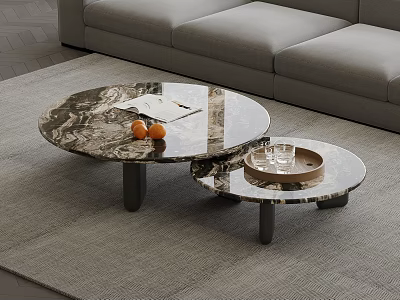 Modern Living Room With Nested Round Marble Coffee Tables Featuring Oranges Tray And Glass Cups 3d model