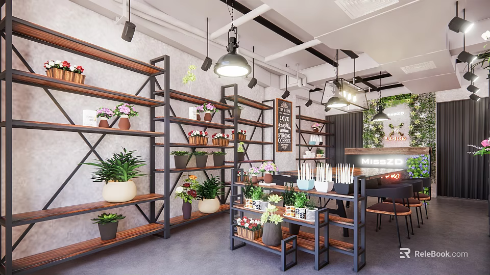 Modern Plant Shop Interior With Shelves Greenery And Decorative Plants 3d model 
