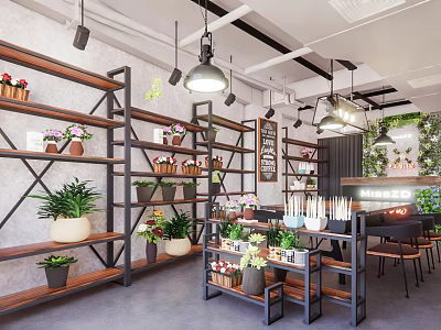 Modern Plant Shop Interior With Shelves Greenery And Decorative Plants 3d model