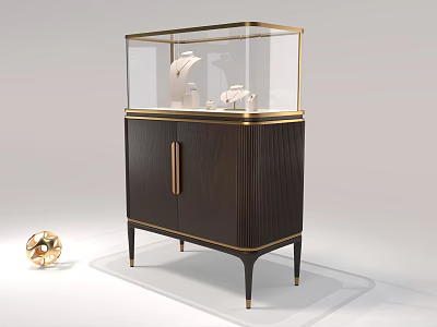 Jewelry Store Elegant Dark Wood Display Cabinet With Glass Doors Gold Accents And Jewelry Pieces 3d model
