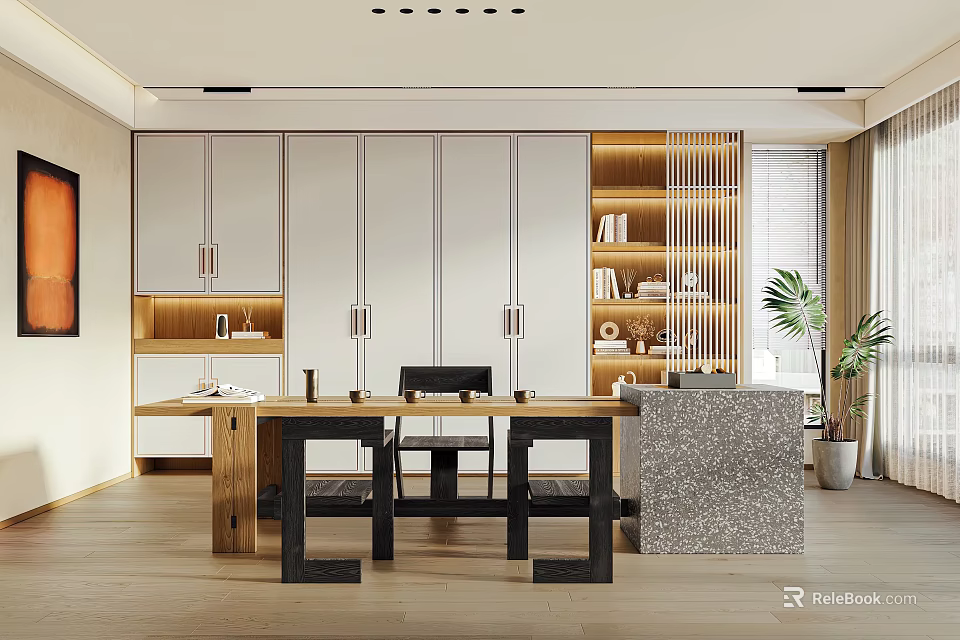 Modern Study Room With Long Desk Storage Cabinets And Plants 3d model