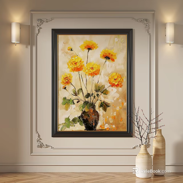 Vibrant Yellow Flower Bouquet Oil Painting In Classic Framed Wall Art 3d model 