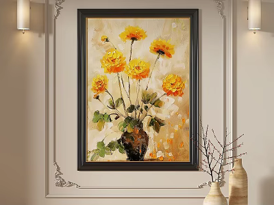 Vibrant Yellow Flower Bouquet Oil Painting In Classic Framed Wall Art 3d model