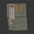 Modern Storage Scene With Stacked Wooden Pallets Rolled Materials And Sacks On Green Tarp