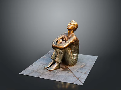 Man Sitting Bronze Statue With Arms Crossed Looking Up On Square Stone Slab 3d model