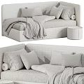 Modern Soft Beige Upholstered Kids Bed With Cozy Star Patterned Bedding And Light Wooden Nightstands
