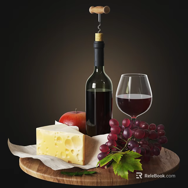 Fresh Red Wine Glass With Cheese Apple And Grapes On Wooden Board 3d model 