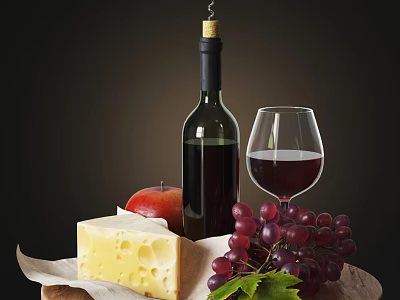 Fresh Red Wine Glass With Cheese Apple And Grapes On Wooden Board 3d model