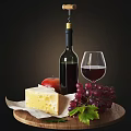 Fresh Red Wine Glass With Cheese Apple And Grapes On Wooden Board