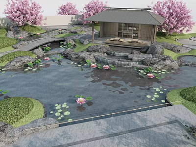 New Chinese style landscape courtyard garden landscape leisure pavilion leisure tea room rockery stacked water lotus pond bridge water system 3d model