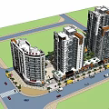 Modern High Rise Residential Buildings Featuring Ground Floor Commercial Shops And Street With Vehicles Trees