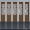Five Brown Hinged Doors With Intricate Hollow Patterns On Reflective Floor White Background 3d model