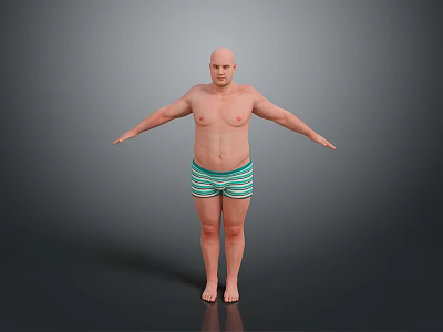 Bald Shirtless Man Standing With Arms Outstretched In Green Striped Shorts Against Gray Background 3d model