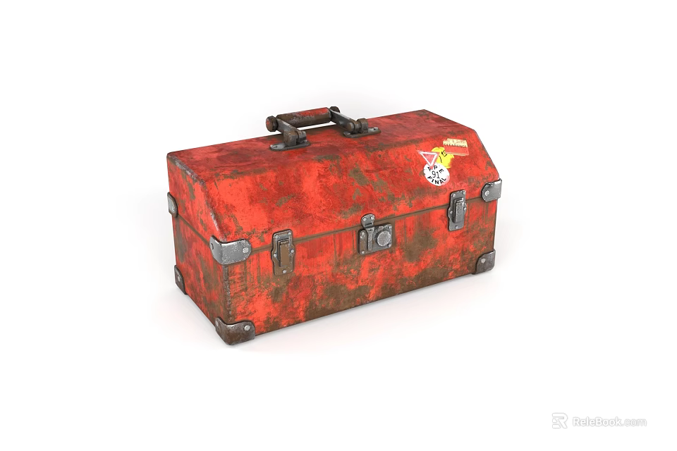 Rusty Red Industrial Toolbox With Vintage Metal Hardware And Sticker 3d model 