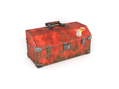 Rusty Red Industrial Toolbox With Vintage Metal Hardware And Sticker 3d model