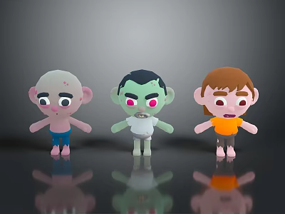 Cartoon Style Game Movie Characters With Different Colors And Expressions On Reflective Black Background 3d model