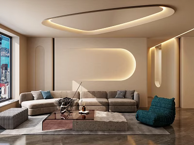 Modern Living Room with Curved Ceiling Lighting City View Neutral Sofa and Teal Accent Chair 3d model