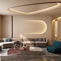 Modern Living Room with Curved Ceiling Lighting City View Neutral Sofa and Teal Accent Chair