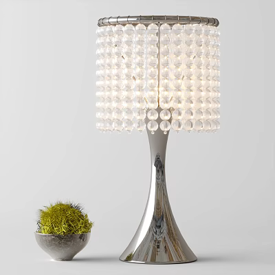 Modern Beaded Table Lamp With Silver Base And Small Green Plant Decor 3d model