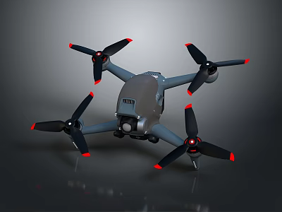Gray Drone With Four Propellers Red Tip Accents And Built In Camera 3d model