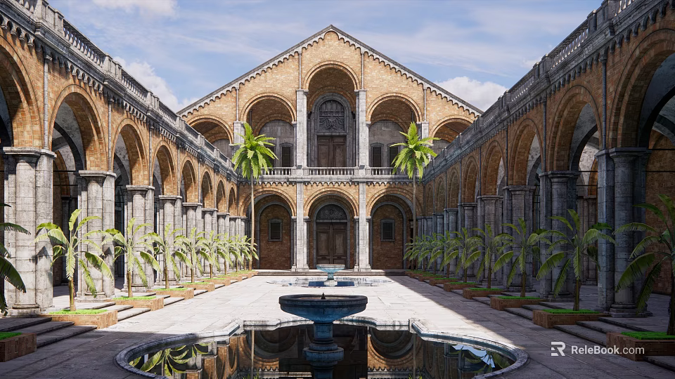 Historic Arched Courtyard Garden With Central Fountain Palm Trees And Reflecting Pool 3d model 