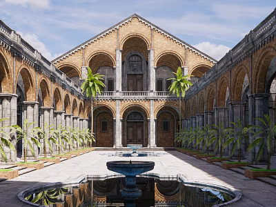 Historic Arched Courtyard Garden With Central Fountain Palm Trees And Reflecting Pool 3d model