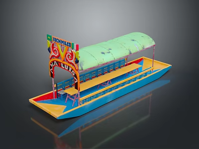 Traditional Decorative Water Transport Boat with Green Canopy Colorful Decorations Blue Yellow Hull and Seats 3d model