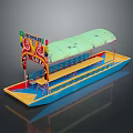 Traditional Decorative Water Transport Boat with Green Canopy Colorful Decorations Blue Yellow Hull and Seats