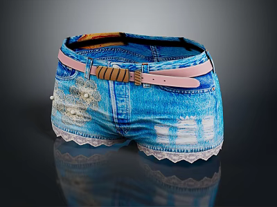 Blue Distressed Denim Shorts With Lace Trim Pink Belt And Decorative Buckle 3d model