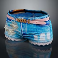 Blue Distressed Denim Shorts With Lace Trim Pink Belt And Decorative Buckle