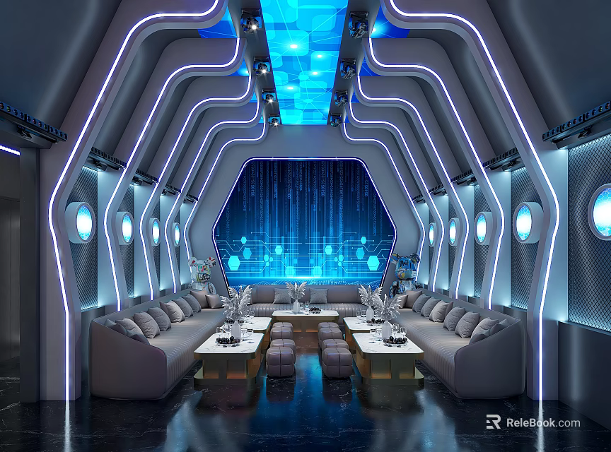 Futuristic KTV Interior With Neon Lights Sofas And High Tech Decor 3d model