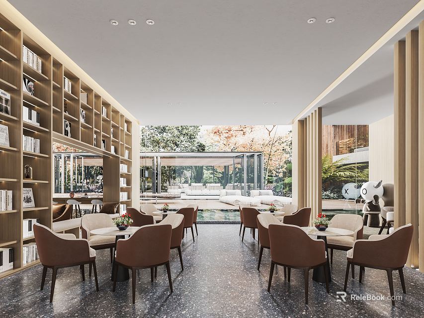 Hotel Public Lounge Area with Bookshelves Tables and Natural Light Through Large Windows 3d model 