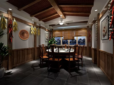 Chinese Style Private Dining Room With Wooden Ceiling Walls Round Table And Traditional Decorations 3d model