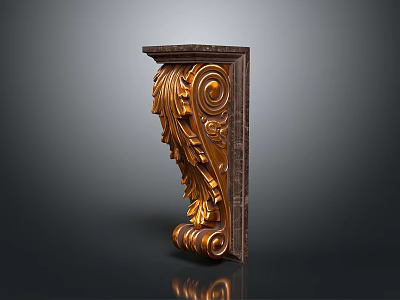 Ornate Gold Carved Decorative Bracket With Marble Edge And Scroll Leaf Patterns 3d model