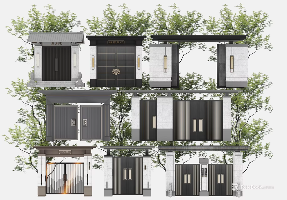 Traditional Chinese Architectural Gate Designs With Different Courtyard Entrance And Surrounding Trees 3d model 