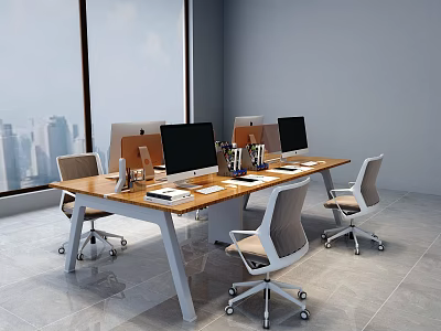 Sleek Modern Office Desk Featuring Computer Monitors and Rolling Chairs by City View Windows 3d model