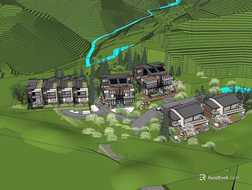 Cluster Of Scenic Boutique Guesthouses In Green Hillsides With Terrace Fields River And Trees 3d model 