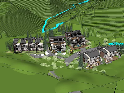 Cluster Of Scenic Boutique Guesthouses In Green Hillsides With Terrace Fields River And Trees 3d model