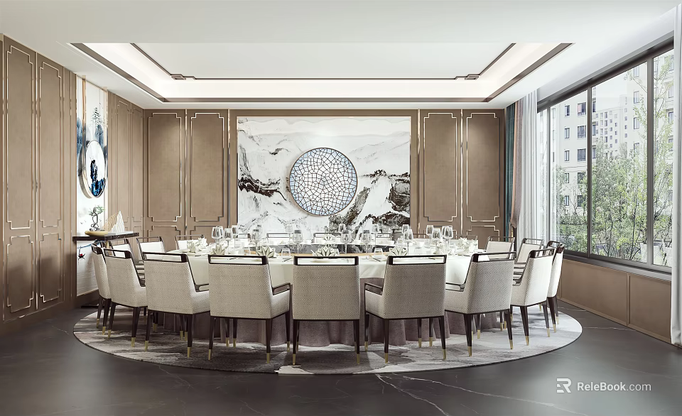 Private Dining Room Interior With Round Table Chairs Marble Backdrop And Decorative Painting 3d model