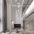 Modern Duplex Living Room Interior With High Ceiling Pendant Lights And Large Windows